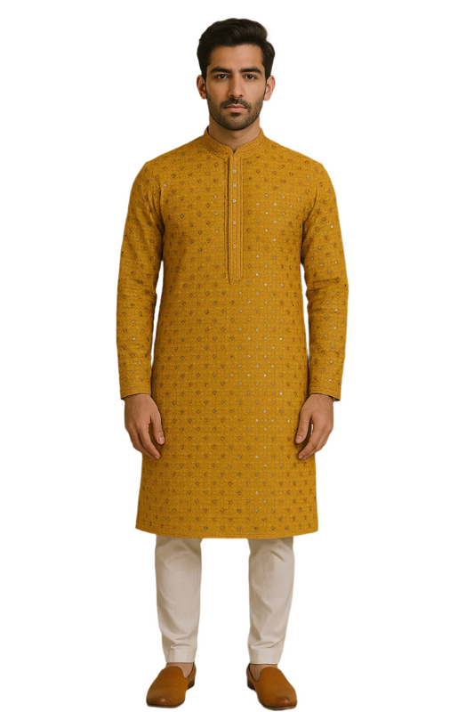 Mustard  Yellow Mirror Work Kurta Set