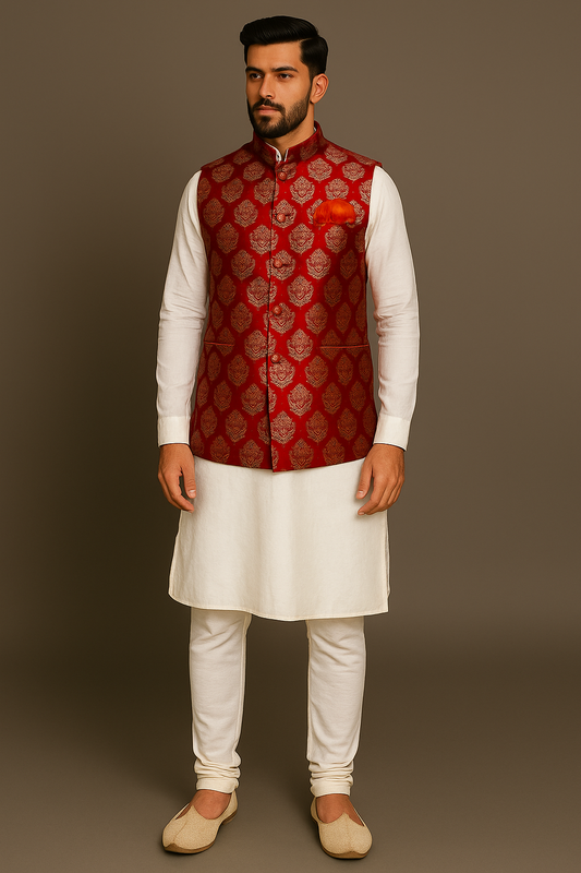 Jacket Kurta Set Banarasi Red For Men