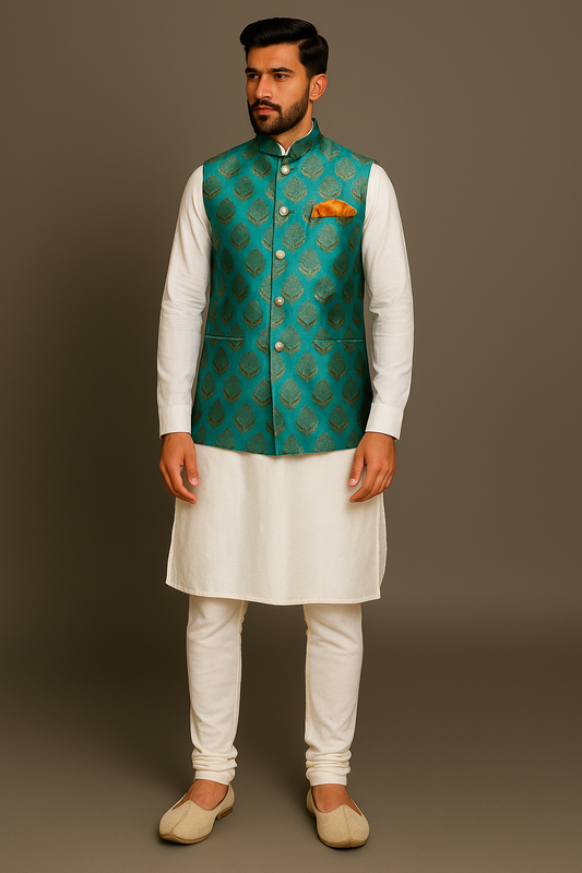 Jacket Kurta Set Banarasi Green For Men
