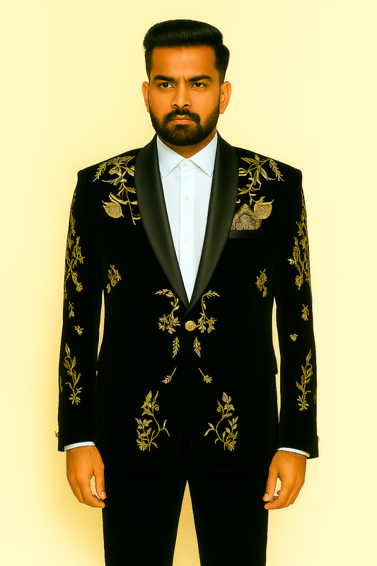 Grace Of Golden Zari And Hand Embroidery Two Piece Suit Black For Men