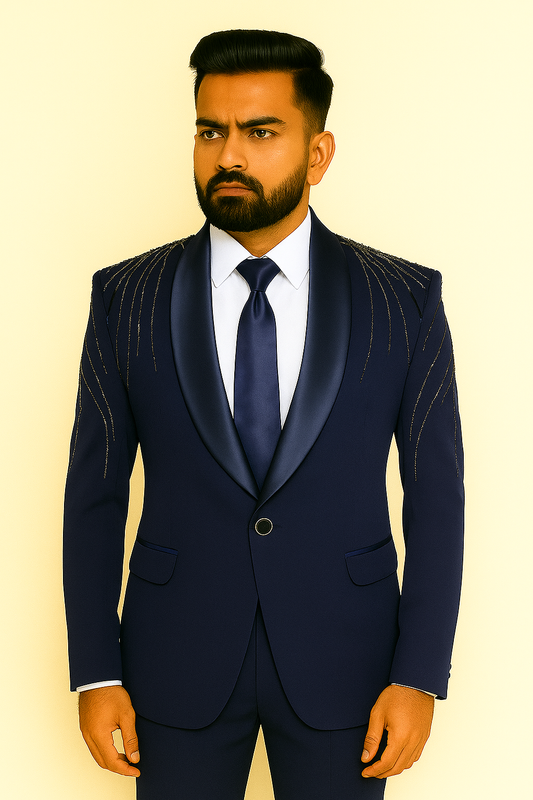 Two Piece Suit Embroidery Blue For Men
