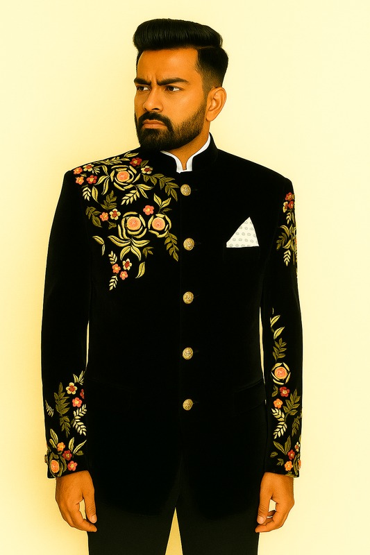 Grace Of Golden Zari And Hand Embroidery Two Piece Suit Black For Men