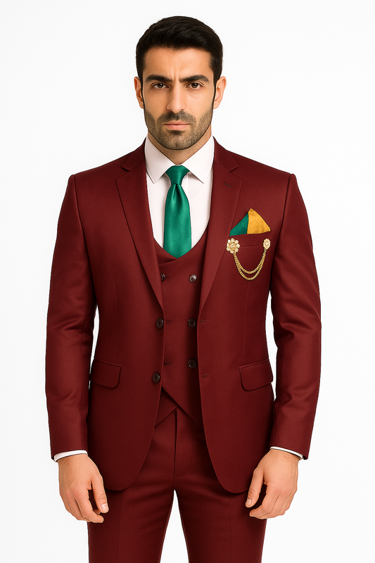 Party Wear Three Piece Suit Maroon For Men