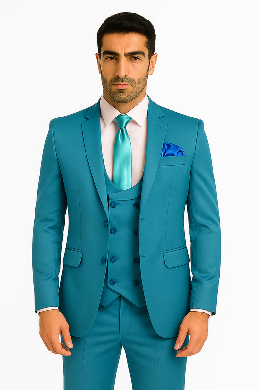 Party Wear Three Piece Suit Sky Blue For Men