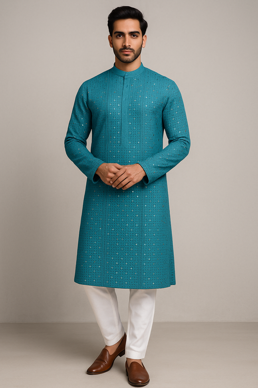 Teal Embroidered Kurta with White Pajama Set