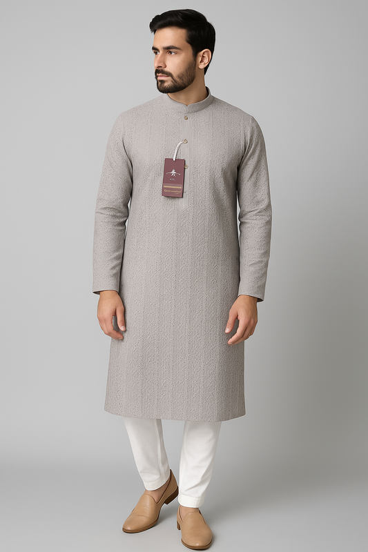 Elegant Grey Embroidery Kurta with White Pajama Set