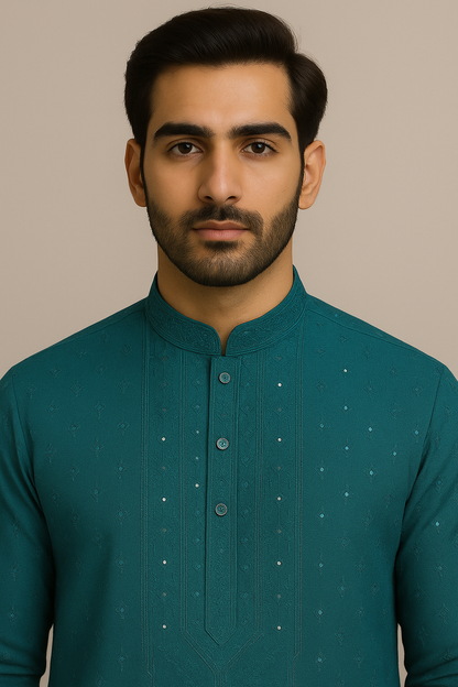 Teal Embroidered Kurta with White Pajama Set