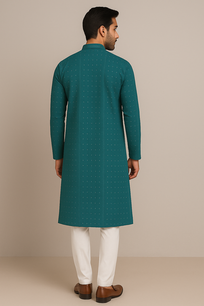 Teal Embroidered Kurta with White Pajama Set
