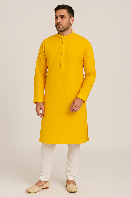 Plain Yellow Embroidery Kurta with White Churidar Pajama