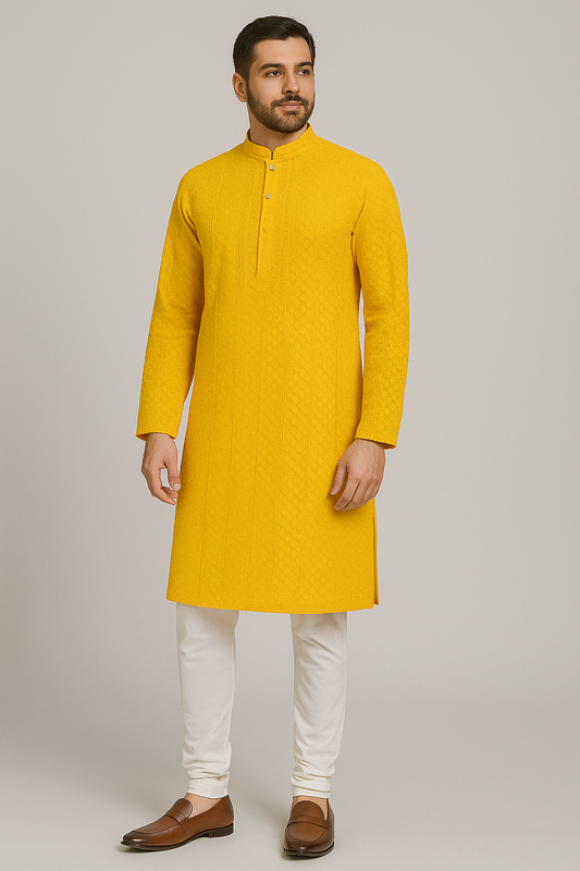 Embroidery Yellow Kurta with White Churidar Pajama Set