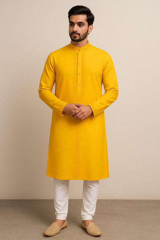 Mustard Yellow Plain Kurta and White Pajama Set