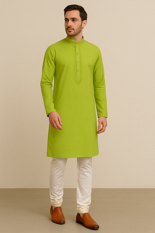 Lime Green Plain Kurta with Subtle Embroidery and White Pajama Set