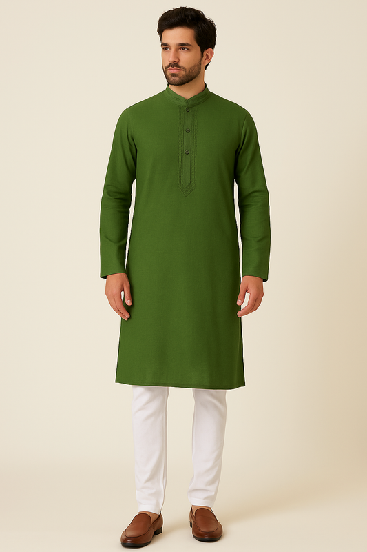 Dark Green Plain Kurta with White Pajama Set