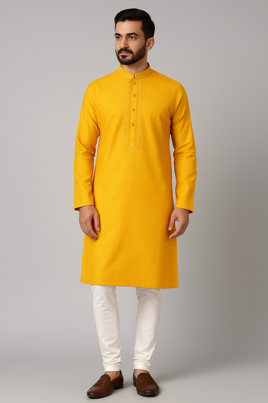 Yellow Plain Kurta with White Churidar Pajama
