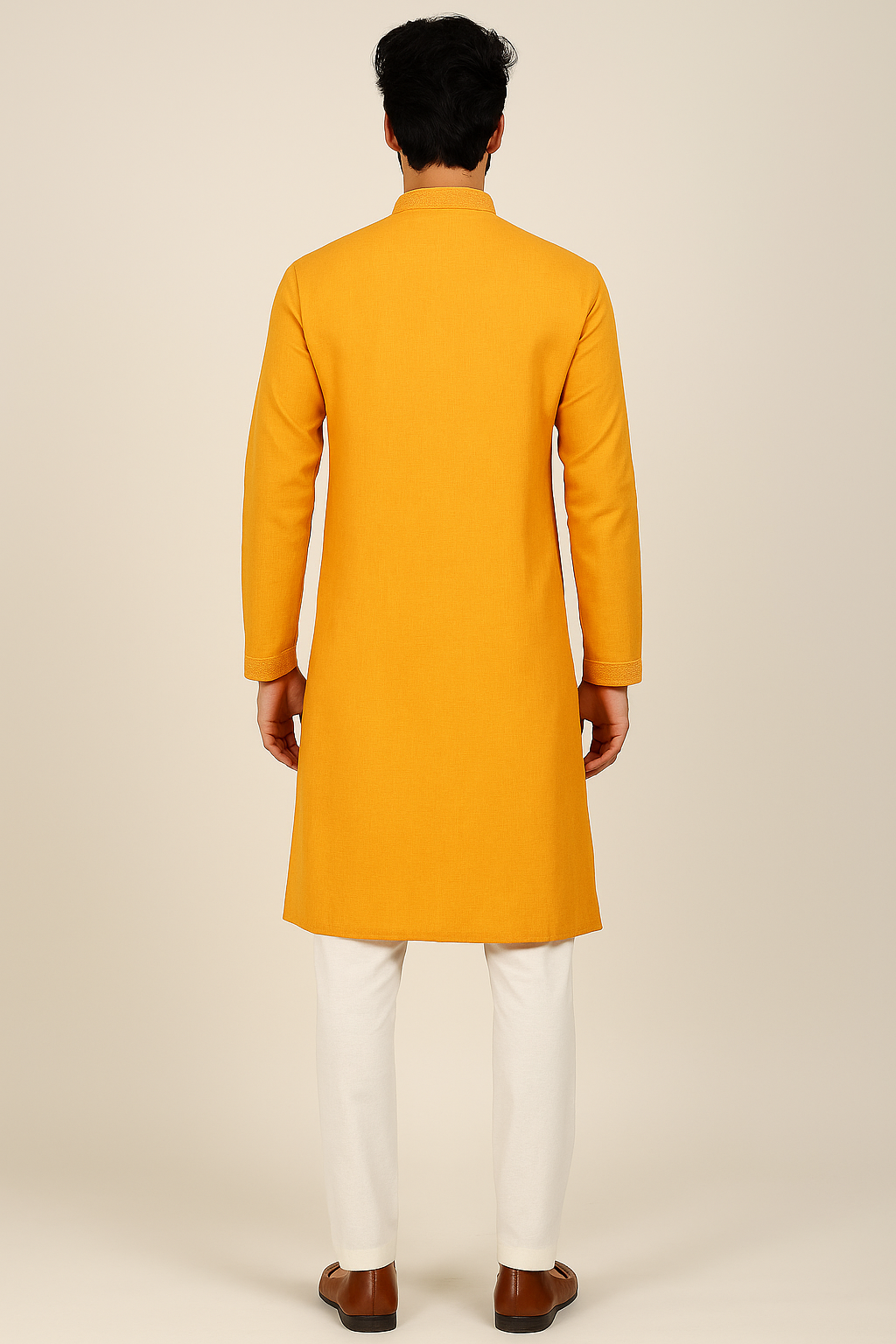 Yellow Plain Kurta with White Churidar Pajama