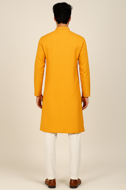 Yellow Plain Kurta with White Churidar Pajama