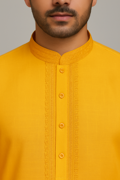 Yellow Plain Kurta with White Churidar Pajama
