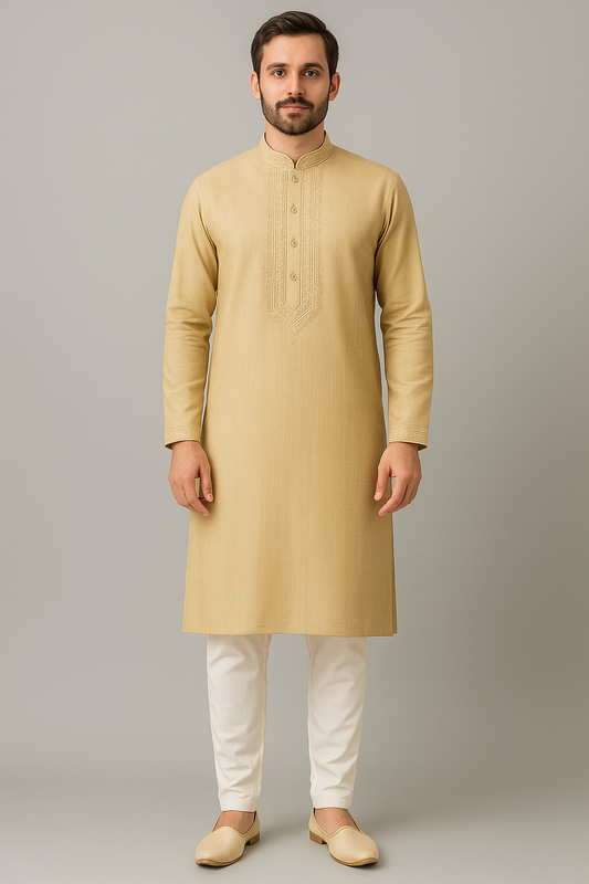 Beige Classic Plain Kurta Pajama Set