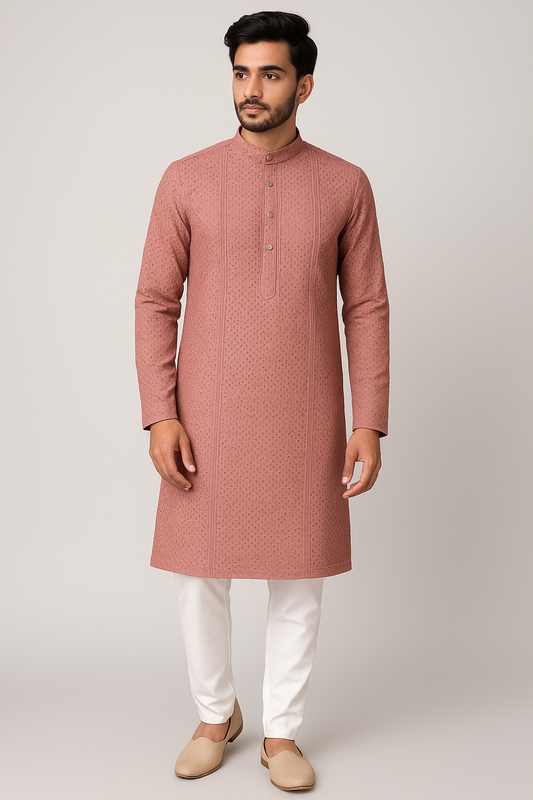 Dusty Rose Embroidery Kurta Pajama Set for Men