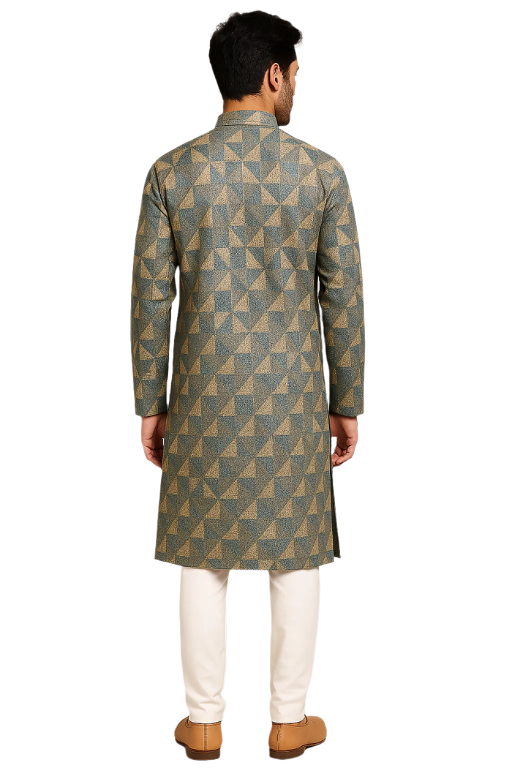 Blue and Beige Textured Geometric Print Kurta Pajama Set