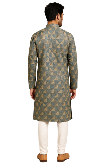 Blue and Beige Textured Geometric Print Kurta Pajama Set