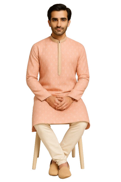 Peach Jacquard Kurta with Subtle Embroidery