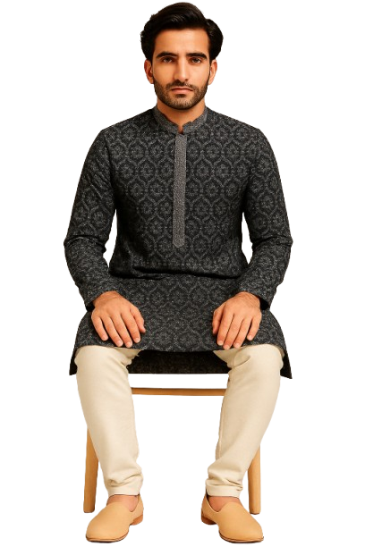 Black Jacquard Printed Kurta with Embroidered Placket