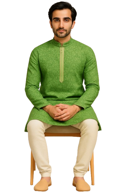 Pastel Green Jacquard Printed Kurta with Embroidered Placket
