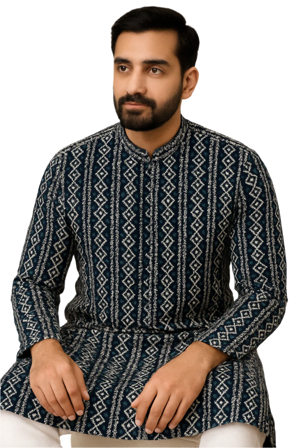 Navy Blue Printed Jaquard Kurta with White Churidar Pajama for Men