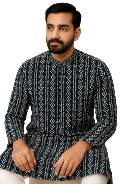 Navy Blue Printed Jaquard Kurta with White Churidar Pajama for Men