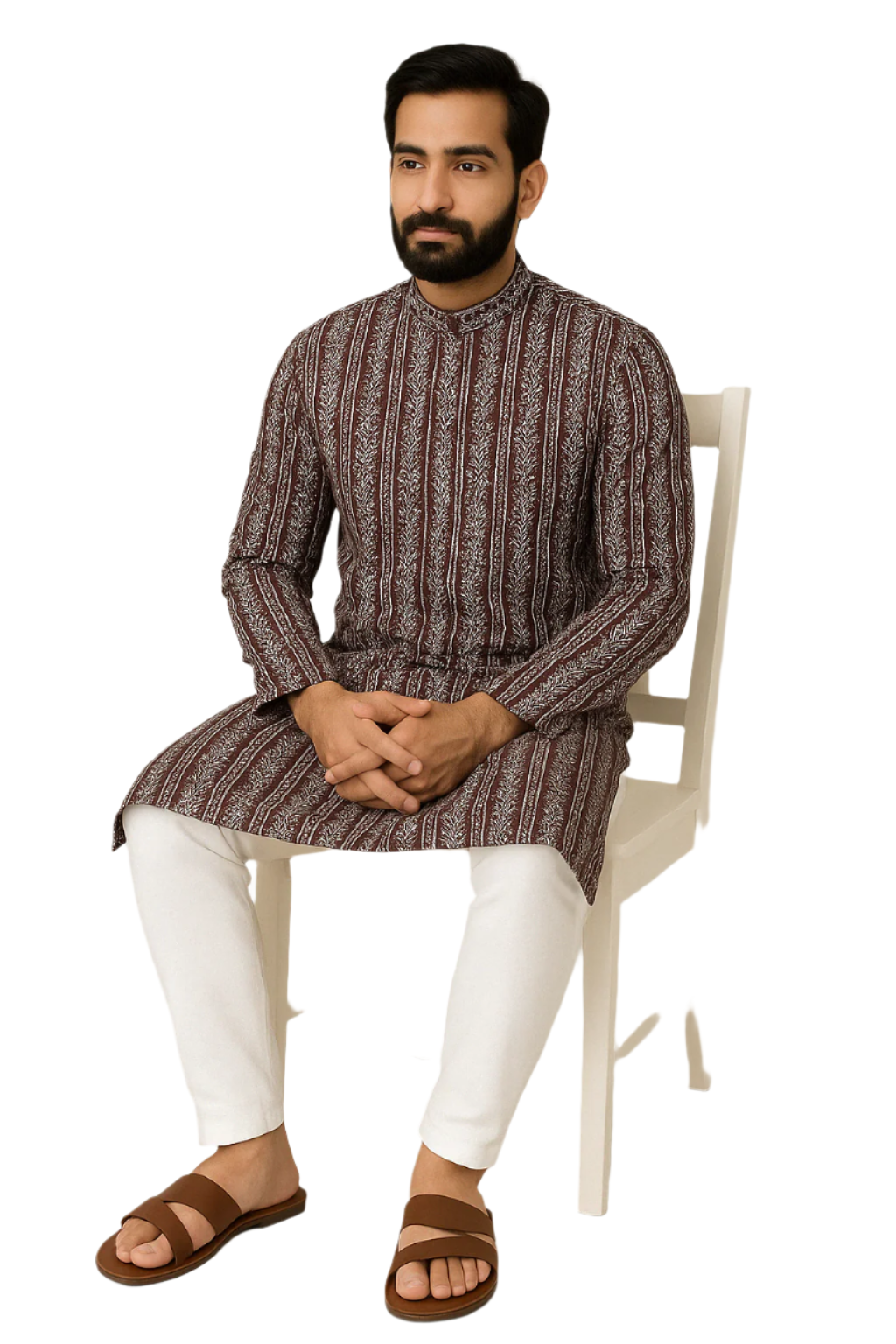 Maroon Printed Jaquard Kurta with White Churidar Pajama for Men