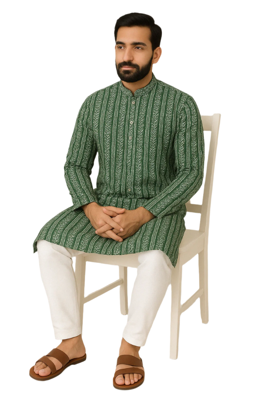 Green Printed Jaquard Kurta with White Churidar Pajama for Men