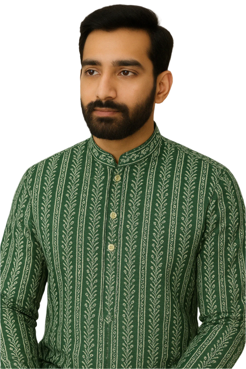 Green Printed Jaquard Kurta with White Churidar Pajama for Men