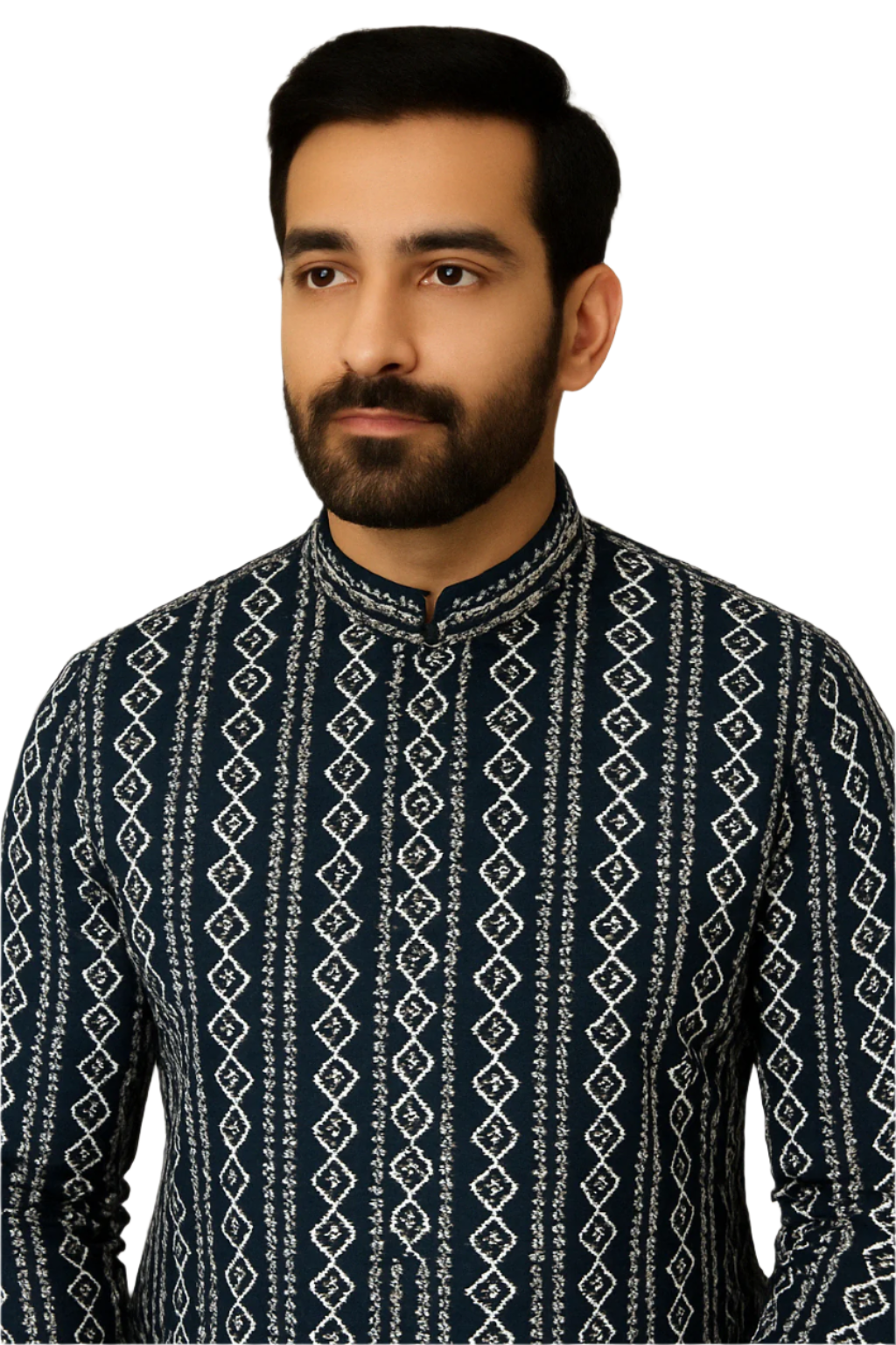 Navy Blue Printed Jaquard Kurta with White Churidar Pajama for Men