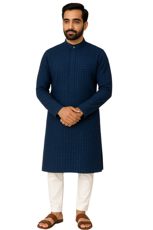 Royal Blue Textured Kurta with White Pajama