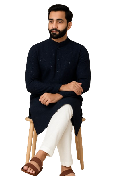 Navy Blue Self-Textured Kurta with White Pajama