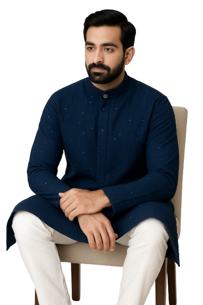 Royal Blue Textured Kurta with White Pajama