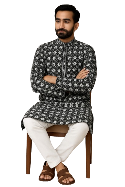 Black & White Geometric Patterned Kurta with White Pajama