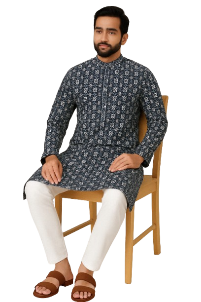 Navy Blue Embroidered Kurta with White Pajama