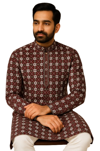 Maroon Kurta with Light Blue Thread Embroidery & White Pajama