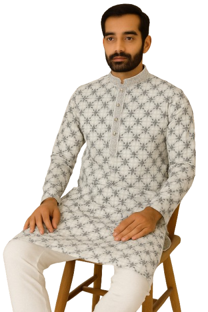 White Kurta with Black Geometric Embroidery & White Pajama