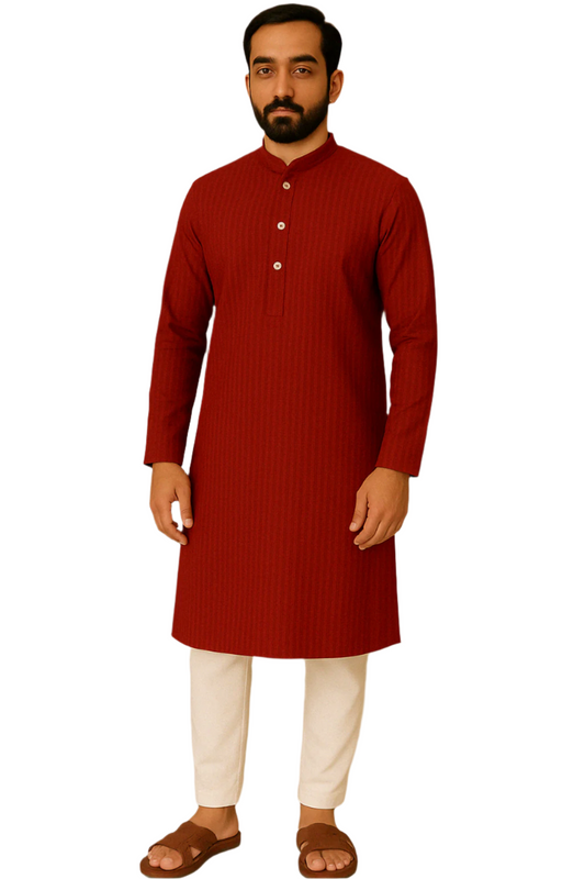 Classic Red Striped Kurta with White Pajama