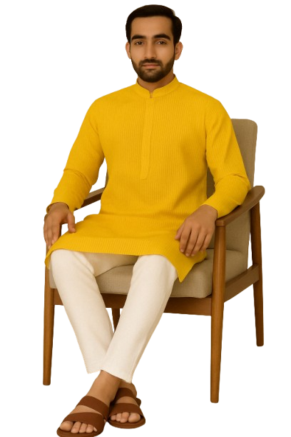 Mustard Yellow Striped Kurta with White Pajama