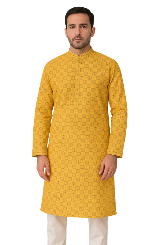 Mustard Yellow Embroidered Jacquard Kurta with White Pajama