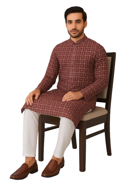 Maroon Block Print Kurta with White Pajama