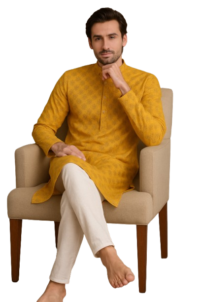 Mustard Yellow Embroidered Jacquard Kurta with White Pajama