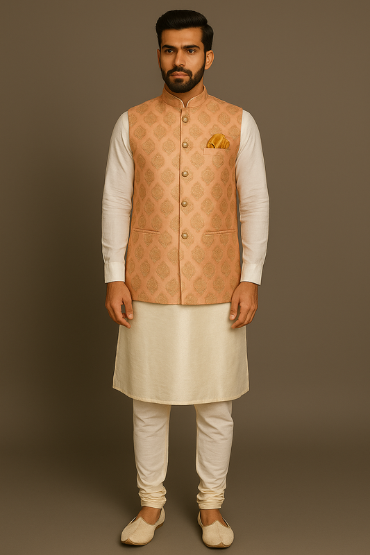 Jacket Kurta Set Banarasi Orange For Men