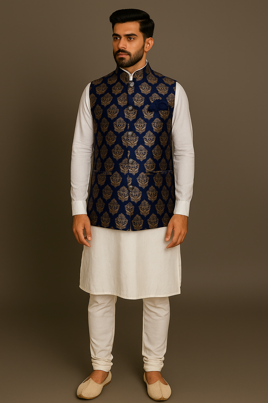 Jacket Kurta Set Banarasi Navy Blue For Men