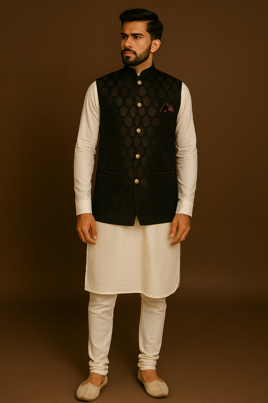 Jacket Kurta Set Banarasi Black For Men
