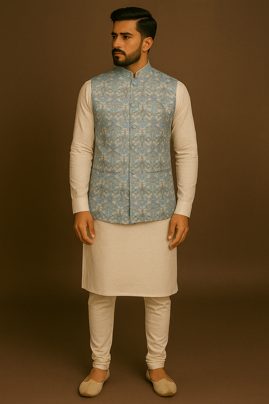 Crochet Printed Sky Blue Jacket Kurta Set Men